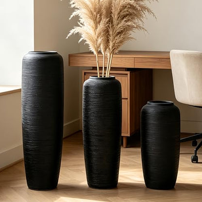 Black Rustic Ceramic Floor Vase, 24 Inch, Ribbed Texture - size: 23.6 Inch