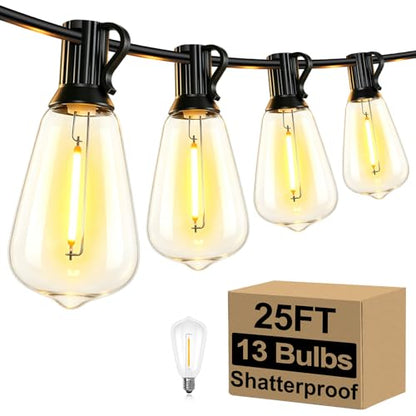 Brightever 25FT Outdoor String Lights 13 Bulbs, Waterproof Patio Lights - color: Black Wire Warm White, size: 25FT