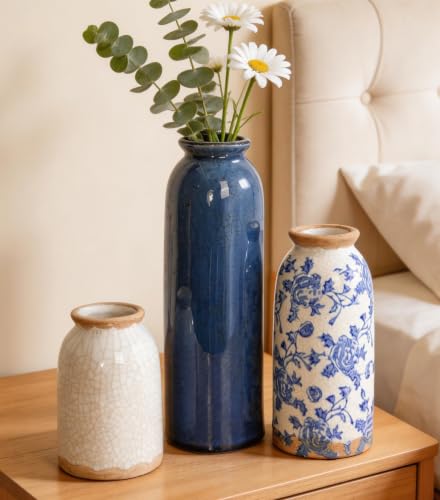 Vintage Ceramic Vase Set of 3, Blue and White Small Flower Vase Chinoiserie Rustic Modern Farmhouse Centerpiece Decorative Vases for Table Entryway Bookshelf Living Room Kitchen Home Decor - color: Vintage- Blue
