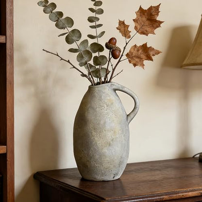 Rustic Ceramic Vase with Handle, 10.3 Inch, Handmade Decor - color: White Gray