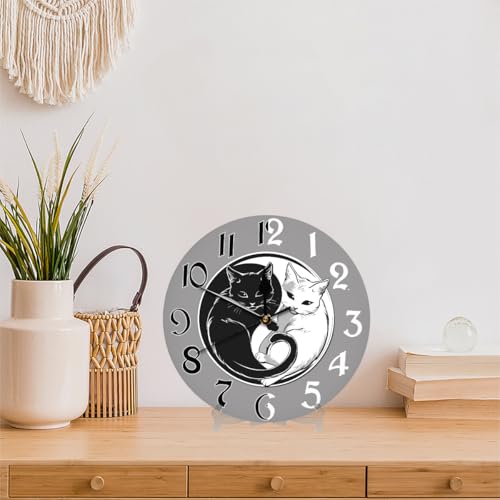 Ying Yang Tai Chi Cat Wall Clock Battery Operated 10 in Round Wall Clocks Slilent Non Ticking Quartz Analog Clock for Bedroom Kids Living Room Classroom Decor - color: Ying Yang Tai Chi Cat