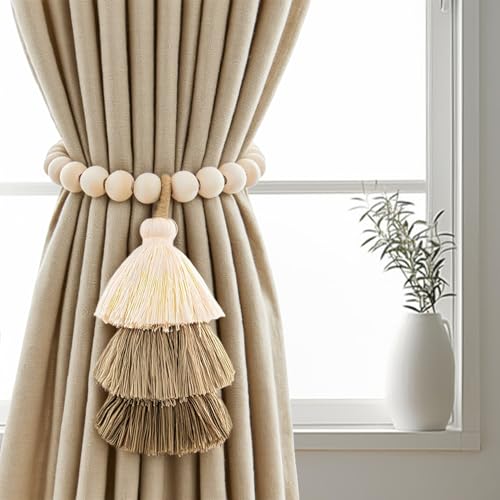 Magnetic Curtain Tiebacks with Wood Beads, Boho Rope Drapery Holdbacks with Triple Tassels, No Drill Curtain Holders for Farmhouse Bedroom, Living Room or Nursery, 2 Pack, Beige Taupe Brown - color: Beige/Taupe/Brown