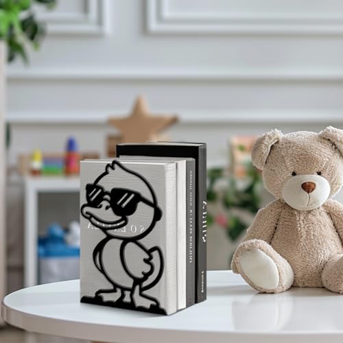 Peacoblue 5.3"x4.3"x7.9" Metal Bookends, Heavy Duty Book Ends for Shelves - style: Cute Duck with Sunglasses