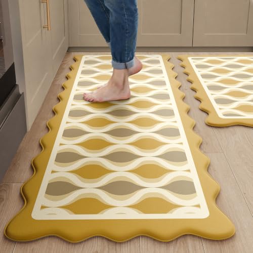 Arenarug Scalloped Wavy Lattice Kitchen Mats for Floor, Mustard Kitchen Rug - color: Amber Gold, size: 17.3"x30"+17.3"x47"