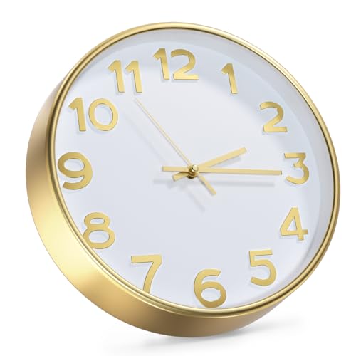 Wall Clock Silent Non-Ticking Battery Operated Indoor Analog Simple Style Modern Quartz Movement 3D Dial Easy to Read Decor for Home/Office/Living Room/Bedroom/Kitchen (White-Gold, 12 inch) - color: White-gold