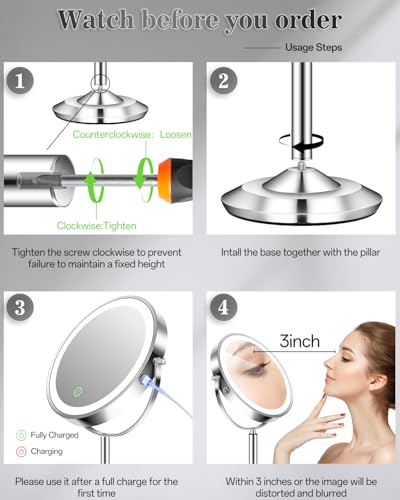 1X/30X 8" Magnifying Makeup Mirror with Lights Height Adjustable for Desk