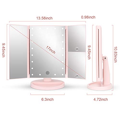 deweisn Tabletop Mount Tri-Fold Lighted Vanity Mirror with 21 LED Lights, Touch Screen and 3X/2X/1X Magnification, Two Power Supply Modes Make Up Mirror,Travel Mirror - color: Pink