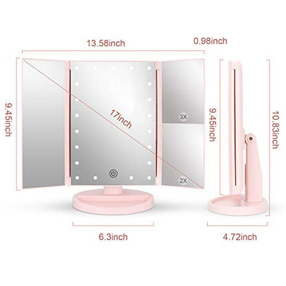deweisn Tabletop Mount Tri-Fold Lighted Vanity Mirror with 21 LED Lights, Touch Screen and 3X/2X/1X Magnification, Two Power Supply Modes Make Up Mirror,Travel Mirror - color: Pink