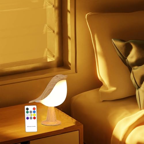 Bird Table Lamp with Remote & Touch Control | 3 Color Temperature & 3-Level Brightness Adjustable Night Light | Rechargeable Cordless Bedside Lamp for Bedroom Office Dorm | Timer & Bird Lover Gifts - color: Wood Color& Remote Control-8.46"