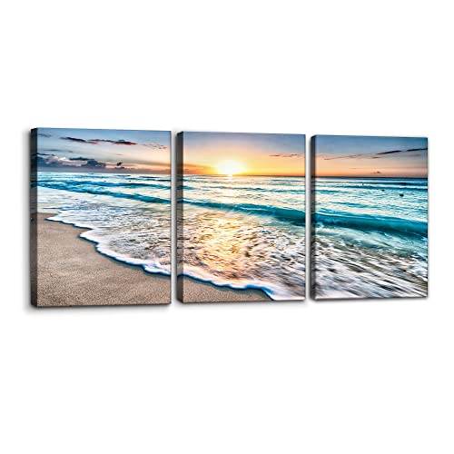 Pacimo 3 Panels Beach Canvas Wall Art for Home Decor Blue Sea Sunset White Beach Painting The Picture Print on Canvas Seascape The Pictures for Home Decor Decoration Ready to Hang - 12" x 16" x 3 - color: Wallart-16, size: 12" x 16" x 3 Panels