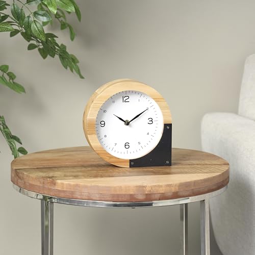 Deco 79 Wood Decorative Clock Round Abstract Mantel Clock, Tabletop Clock 8" x 2" x 8", Light Brown