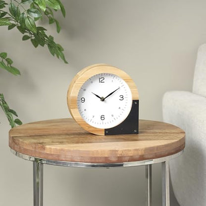 Deco 79 Wood Decorative Clock Round Abstract Mantel Clock, Tabletop Clock 8" x 2" x 8", Light Brown
