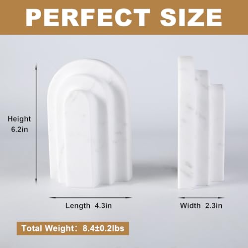 Natural Marble Book Ends - Heavy Duty Bookends for Shelves - Aesthetic Layered Arch Design Stone Book Holders, Decorative Modern Office Bookshelf Stopper Decor for Books/CDs, White - style: Arched-White