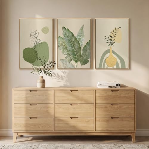 Framed Modern Boho Sage Green Botanical Wall Art for Living Room, 16x24 In - color: Green & Yellow, size: 16" W x 24" H x 3Pcs