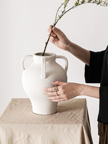 Large White Ceramic Vase with 4 Handles, 10.8 Inch, Rustic Farmhouse - color: Yeda - Rock Sand White, size: L(10.8"-11.8")