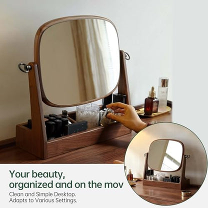 YESWOOD Vanity Makeup Mirror Tabletop with North America Black Walnut Stand, 360 Degree Swivel Magnifying Mirror with Storage for Bathroom or Bedroom, 16inch