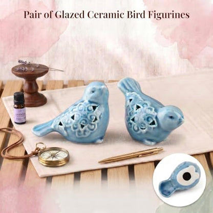 Blue Bird Figurines for Home Decor, 2 Piece Farmhouse Ceramic Bird Statue Sculpture Birds Ornaments for Entryway TV Stand Bookcase, Cute Birds Small Shelf Desk Decor (Blue)