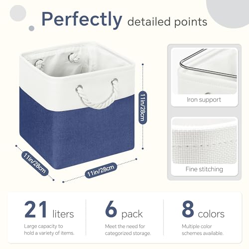 FinishingBo 11 inch Cube Storage Bin with Handles 6 Pack - color: White/Navy Blue-6 Pack
