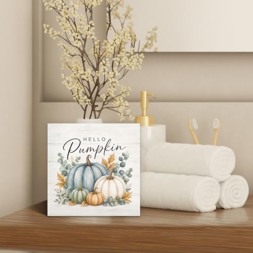Fall Pumpkin Eucalyptus Botanical Wood Box Sign Desk Decor 5X5 - color: Dusty Blue & White