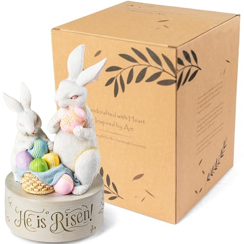 AIDLNS Christian Easter Bunny Music Box – He is Risen Religious Figurine with Cross Hope Faith Love Engraving Wind Up Music Box Play Easter Parade