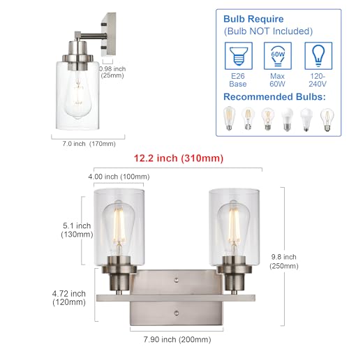 MELUCEE 2 Heads Bathroom Light Fixtures Brushed Nickel - color: Brushed Nickel, size: 2-Light