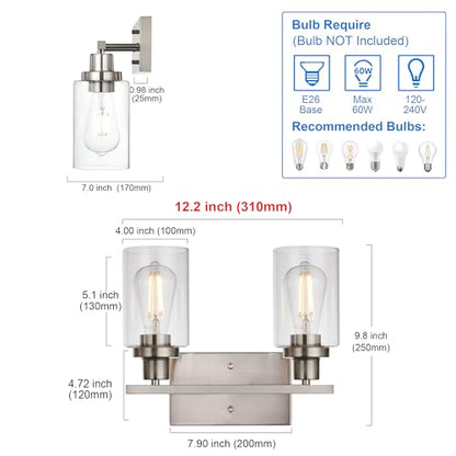 MELUCEE 2 Heads Bathroom Light Fixtures Brushed Nickel - color: Brushed Nickel, size: 2-Light