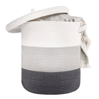 Large Storage Basket with Lid 60L, 16"Wx18"H Woven Laundry Basket with Lid Cotton Laundry Basket, Wicker Basket Blankets Pillows Storage in Living Room Baby Nursery, Dark Gray/Gray/White Mix with Lid - color: Dark Gray/Gray/White Mix-16"Wx18"H