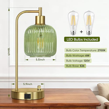 Green Glass Table Lamps Set of 2, Dimmable Bedside Lamps for Living Room - color: Gold&Green