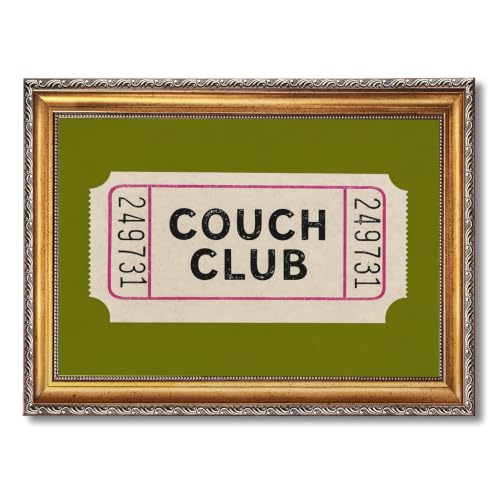 Ripiyome Retro Gold Framed Couch Club Ticket Wall Art Vintage Retro Green Poster Canvas Print Minimalist Wall Decor Funny Typography Aesthetic Artwork for Living Room Apartment Home 8X10inch - color: style-2 Retro Gold Frame, size: 8"L x 10"W