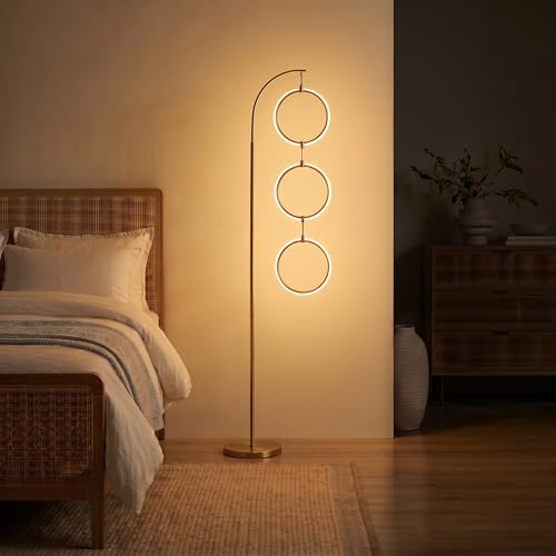 Brightech 3 Ring Lamp - 74" Dimmable LED Floor Lamp with 3 Hanging Light Rings, Modern Arc Standing Tree Lamp for Living Room, Bedroom and Office, 30W Warm White LED, Gold Brass - color: Brass