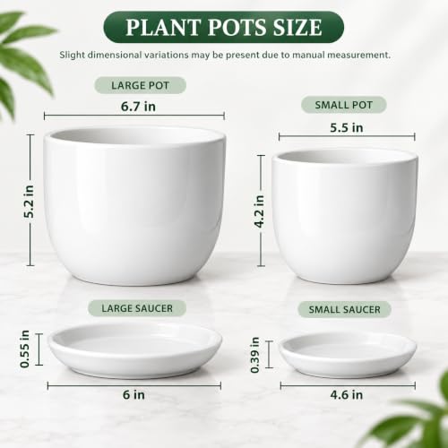 6.7 + 5.5 Inch Ceramic Plant Pot with Drainage and Saucer - size: 6.7 + 5.5 Inch 2 Pcs