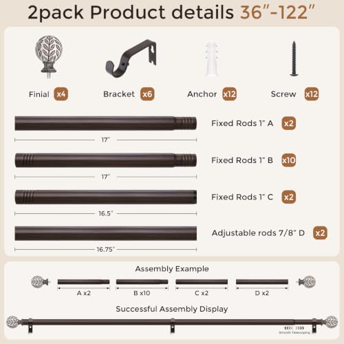 2 Pack Curtain Rod 36-122 Inch Boho Wood 1 Inch Window Curtain Rod - color: Walnut Wood, size: 36''-122'' (2 Pack)