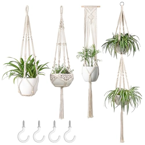 Mkono Macrame Plant Hangers Indoor Set of 4 Hanging Planter Basket Ivory - color: Ivory