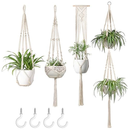 Mkono Macrame Plant Hangers Indoor Set of 4 Hanging Planter Basket Ivory - color: Ivory