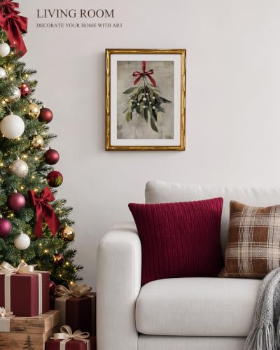 InSimSea Gold Bamboo Framed Christmas Wall Art, Retro Mistletoe, 11x14In - color: Christmas Mistletoe