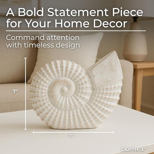 Coastal Seashell Decorative Figurine – Handcrafted Polyresin Nautical Decor Sculpture – Figurines & Sculptures Home Decor for Office, Bedroom & Living Room – 7", Whitewash