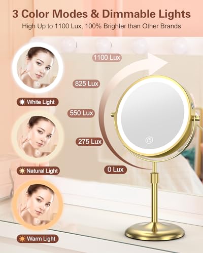 Benbilry 7" Lighted Makeup Mirror with 3 Color Lights & 10X Magnification, Adjustable Brightness & Height, 360° Swivel Rechargeable 10X LED Magnifying Vanity Mirror with Light, Gold - color: Gold