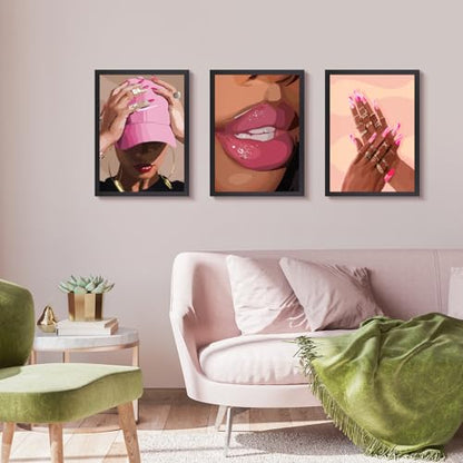 Hianan Wood Framed Fashion Pink Black Girl Wall Art Set of 3, 12x16 in - color: Pink(Wood), size: 16"L x 12"W