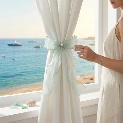 White Lace Bow Curtain Tiebacks 6-Pack, Vine Floral Curtain Holdbacks - color: Sage Green