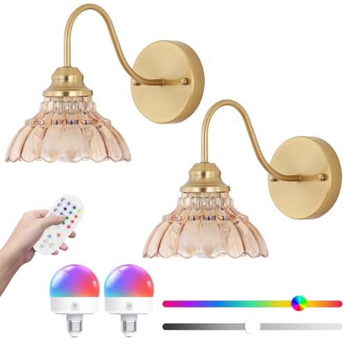 Vintage Battery Operated Wall Sconce,Rechargeable Wall Sconces Set of Two,Wireless Wall Lights with Remote,Gold Decor Wall Lamp Fixtures Dimmable for Bedroom Living Room Bathroom Hallway Farmhouse - color: Amber