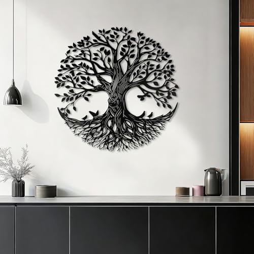 YIYA Metal Tree of Life Wall Decor, 12.8" Colorful Tree of Life Wall Art with Birds, Rustic Iron Wall Sculpture for Living Room, Bedroom, Bathroom, Boho Home Decor, Housewarming Gift（Black） - style: tree