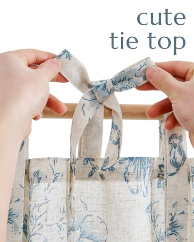 jinchan Blue Floral Kitchen Tier Curtains Alice 36 Inches Tie Top 2 Panles - color: Alice Blue on Linen, size: 26"W x 36"L (Pack of 2)