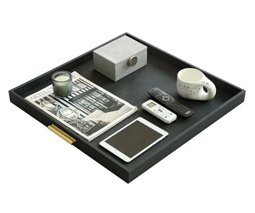 HofferRuffer Extra Large Square Serving Tray, Elegant Faux Leather Ottoman Tray with Gold Hardware Handles, Serve Tea, Coffee or Breakfast in Bed, 24 x 24 inches (Black Shagreen) - color: Black, size: 24" x 24" x 2"