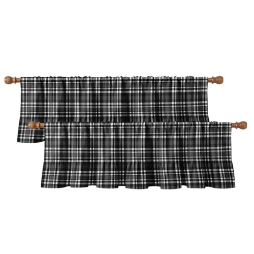 Emvency Valances for Windows, Line Ruffle Hem, 2 Pack, 52x18 Inch, Plaid - color: Black Grey