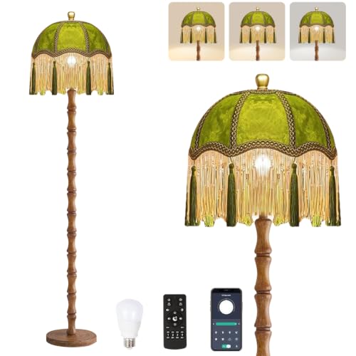 QIYIZM Vintage Floor Lamp for Living Room,Bedroom,Fringe Standing Lamp with Remote Dimmable,Green Mid Century Gold Tall Lamp Boho Retro Wood Tassel Flower Unique Lamp Tiffany Decor - size: Floor Lamp--21