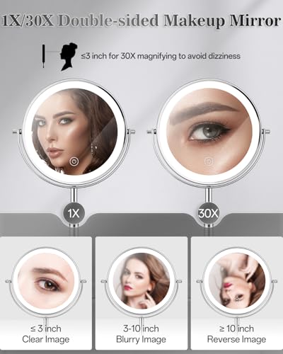 1X/30X 8" Magnifying Makeup Mirror with Lights Height Adjustable for Desk
