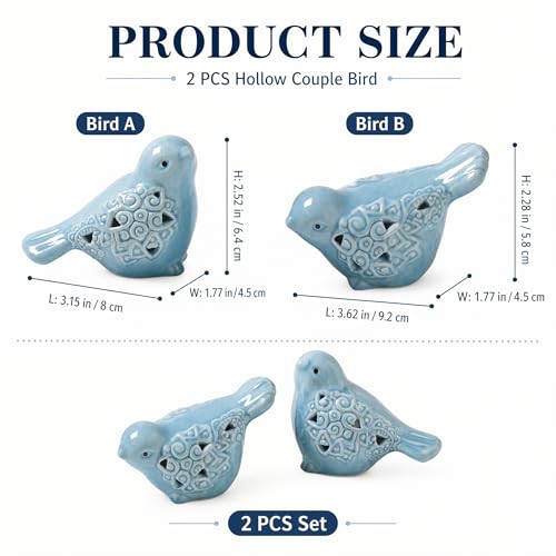 2 Pcs Blue Ceramic Bird Figurines, Glazed Bird Statues for Shelf Decor