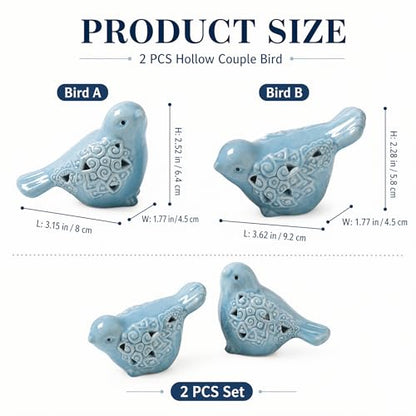 2 Pcs Blue Ceramic Bird Figurines, Glazed Bird Statues for Shelf Decor