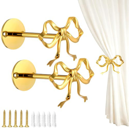 2 Pack Metal Bow Curtain Holdbacks Tiebacks, Wall Mounted Curtain Hooks, Bow Curtain Tiebacks for Living Room Bedroom Office Home, Gold