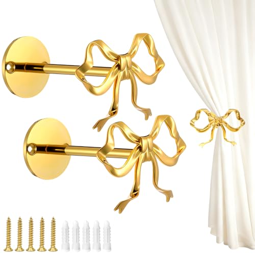 2 Pack Metal Bow Curtain Holdbacks Tiebacks, Wall Mounted Curtain Hooks, Bow Curtain Tiebacks for Living Room Bedroom Office Home, Gold
